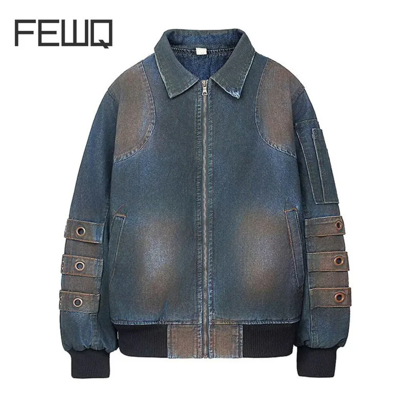 FEWQ American Style Men's Padded Jackets Turn-down Collar Dirty Contrast Color Worn-out Zipper Thick Male Cotton Coats 24K1183