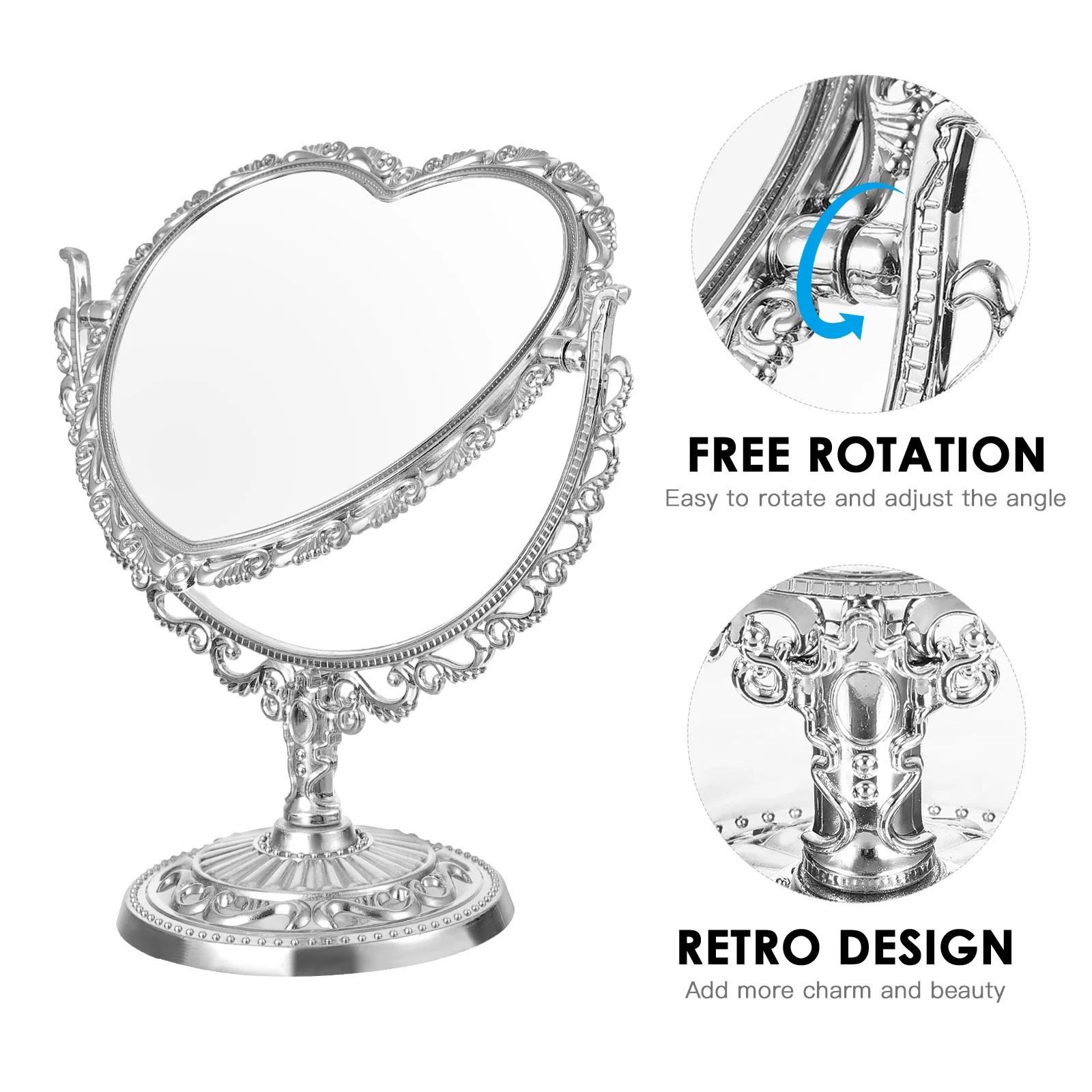 

Heart Shape Makeup Mirror Retro Style Desktop Vanity Tabletop Decor Swivel Design for Bedroom Bathroom Dresser Countertop