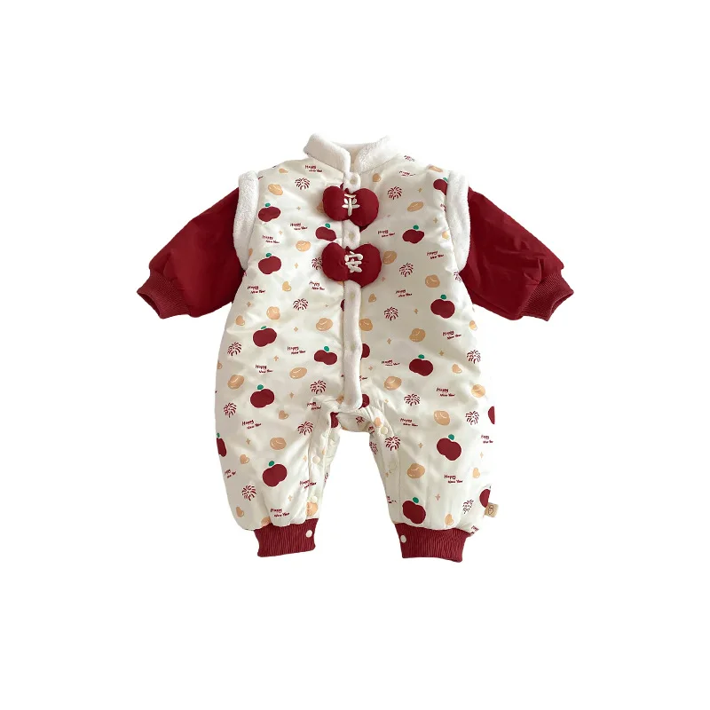 ملابس أطفال احتفالية للعام الجديد 2025 ملابس شتوية جديدة للأطفال على الطراز الصيني ملابس مخملية محظورة ملونة لحديثي الولادة