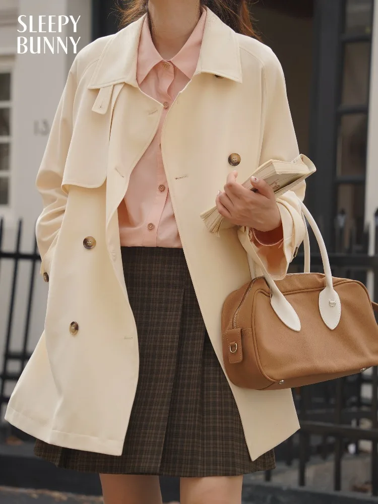 

Women Spring Trench Double Breasted Short Beige Coat Raglan Sleeve Loose Fit Korean Style Top Petite Ladies Office Daily Wear