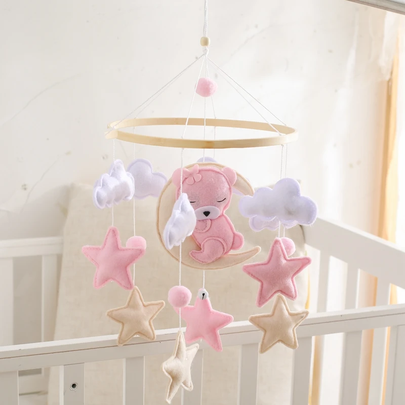 Baby Crib Mobile Bed Bell Hanging Soft Felt Cartoon Pink Bear Rattle Toy Newborn Music Box Crib Holder Bed Bell Hanging Toy Gift