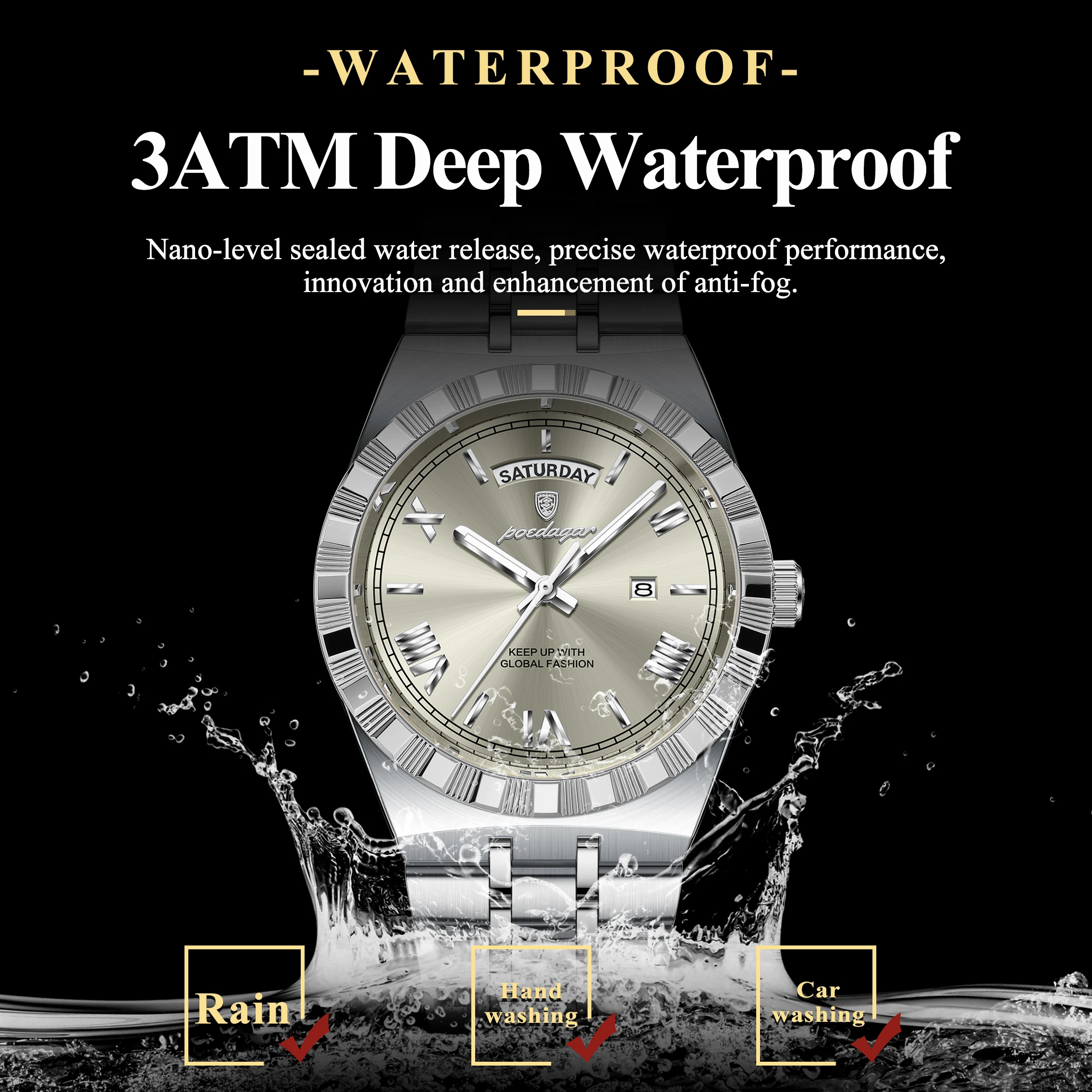 POEDAGAR ساعة رجال الأعمال الفاخرة تاريخ الأسبوع مقاوم للماء ساعات مضيئة للرجال الفولاذ المقاوم للصدأ كوارتز ساعة يد رجالية الموضة
