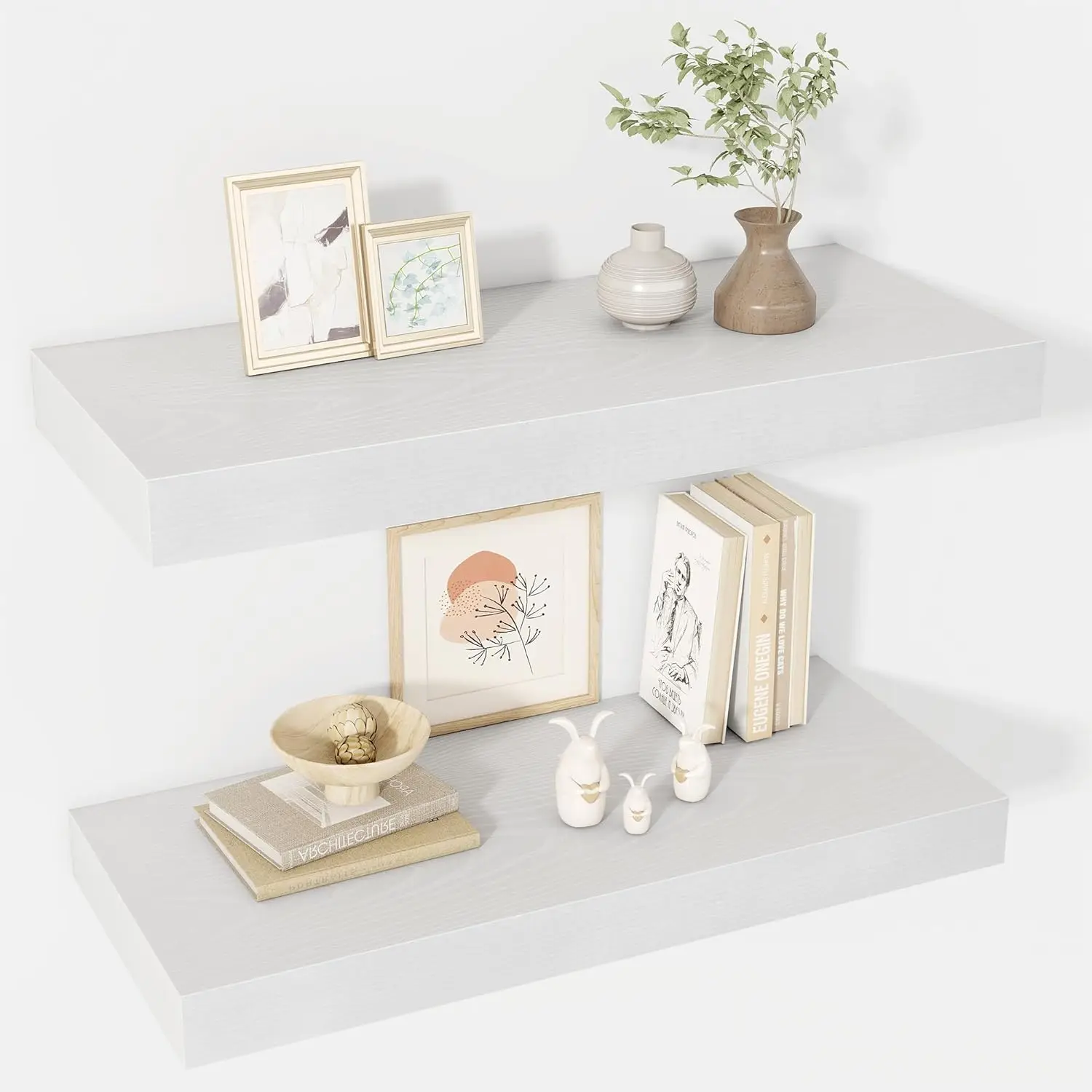 

24 Inch Floating Shelves, 12" Deep Wall Mounted Shelves, Rustic Display Shelves for Bedroom Living Room, White, Set of 2