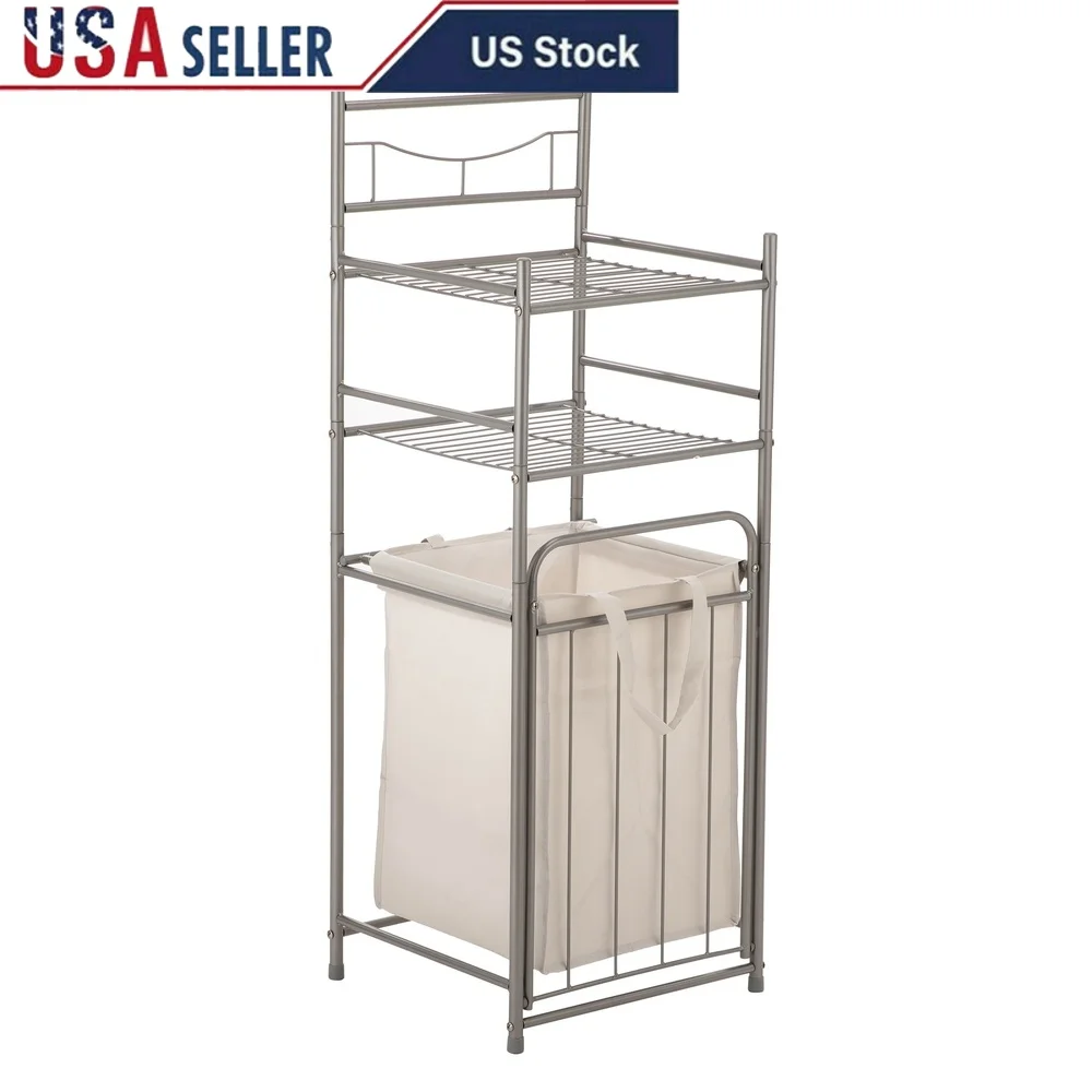 

2-Shelf Bathroom Storage Tower with Removable Hamper Steel Unit Slim Design Satin Nickel Finish Ideal Small Spaces