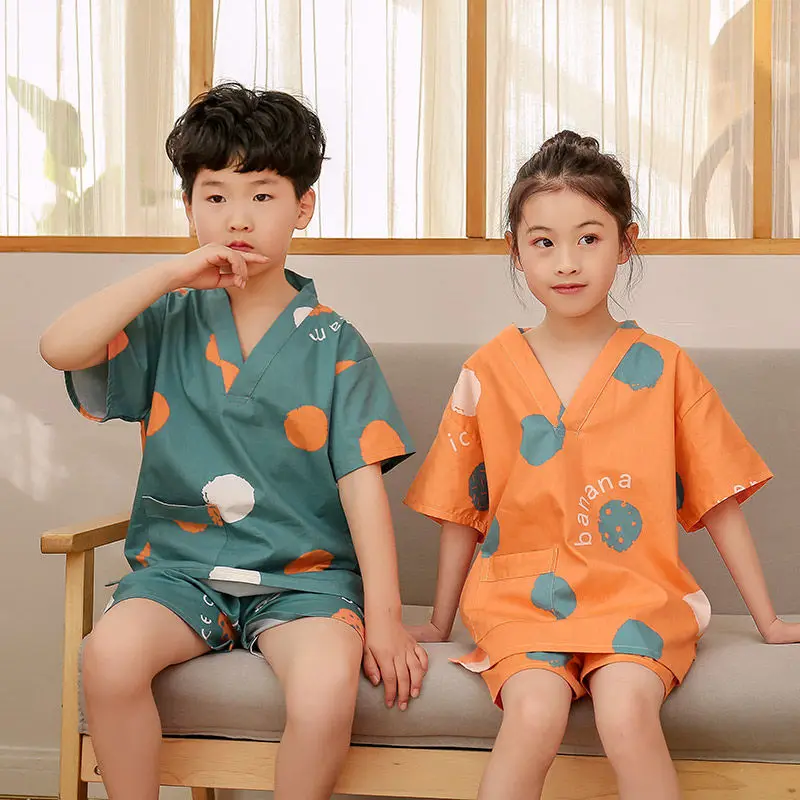 

2025 Children's Cotton Cute Japanese Kimono Yukata Baby Short Sleeve Print Pajamas 2 Piece Boys Comfortable Sleepwear For Gifts