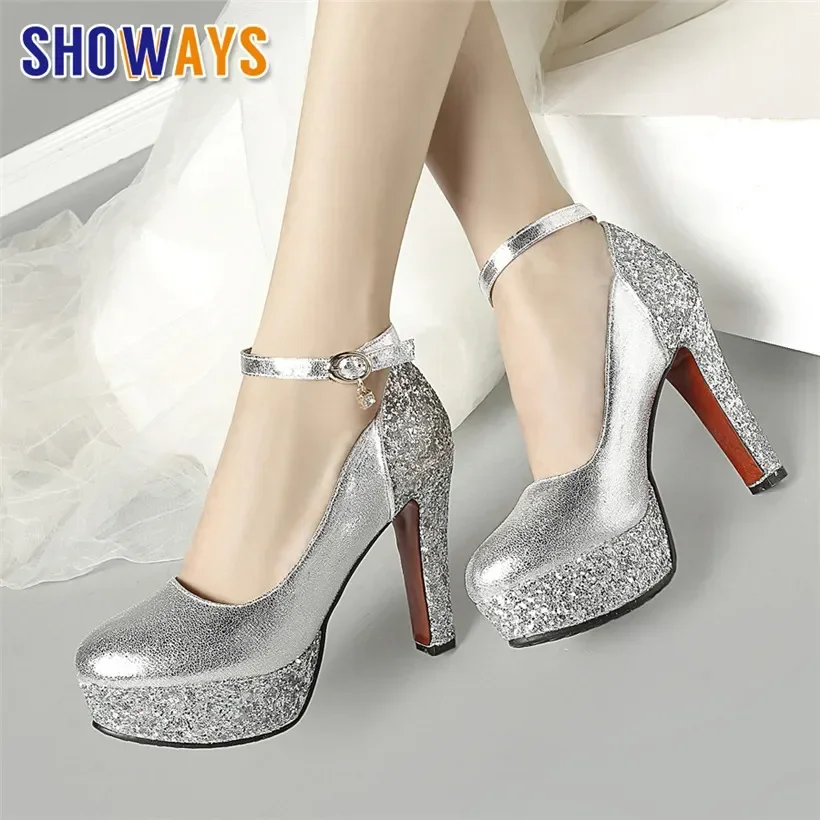 

Silver Gold Women Platform Pumps 12cm High Chunky Heels Sequined Cloth Round Toe Wedding Party Dress Ankle Strap Ladies Stiletto