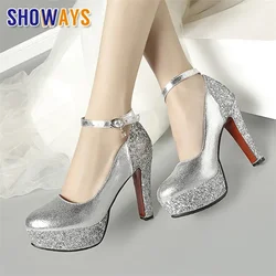 Silver Gold Women Platform Pumps 12cm High Chunky Heels Sequined Cloth Round Toe Wedding Party Dress Ankle Strap Ladies Stiletto