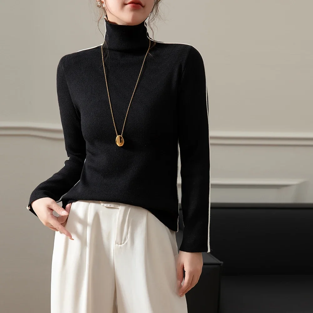 

New Turtleneck Knitted Pullovers Women Autumn Winter Fashion Long Sleeve Slim Fit Sweaters Elegant Office Lady Black White Tops
