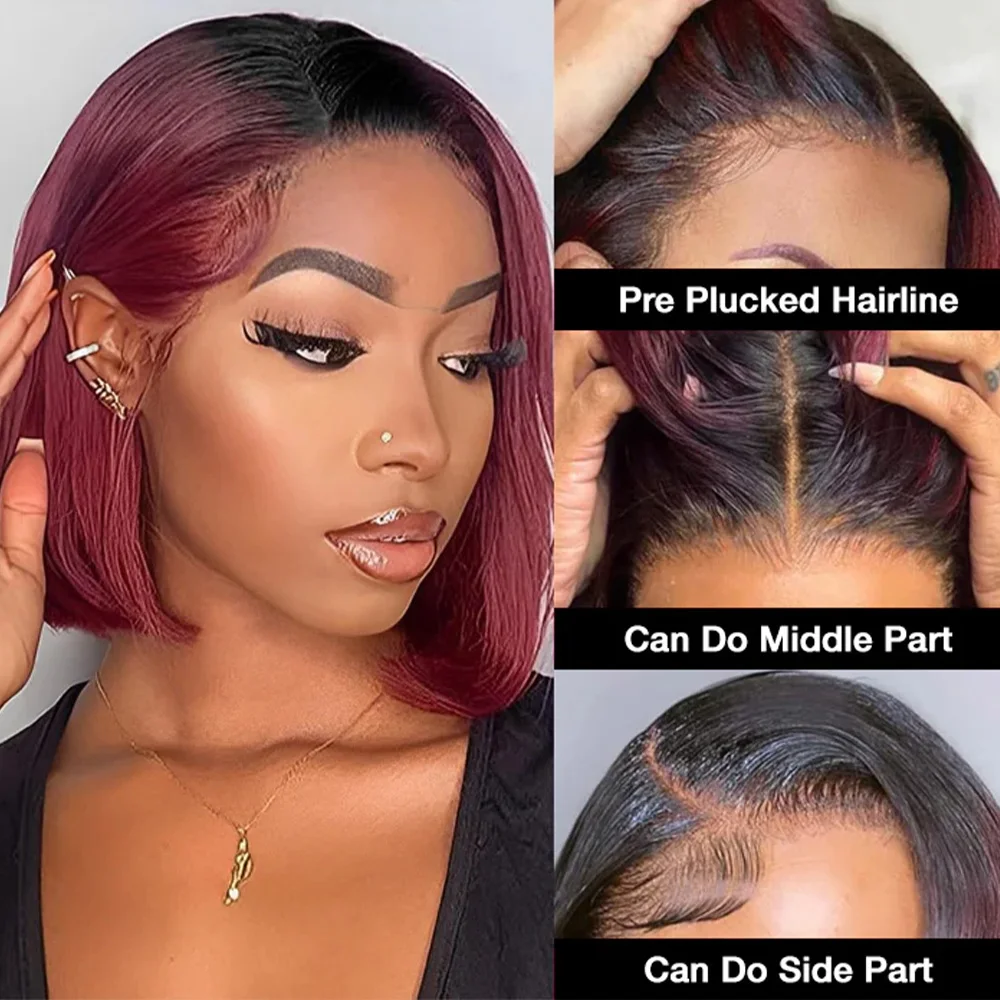 Brazilian Bone Straight Human Hair Wigs  T1B/99J Short Bob Wig Straight 13x4 Lace Frontal Wig T Part Lace Closure Wigs for Women