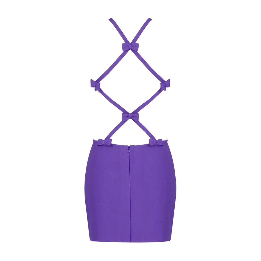 Purple Color Women Sexy Halter Bodycon Mini Dress Rayon Bandage Fashion Backless Nightclub Party Celebrate Outfit Vestido