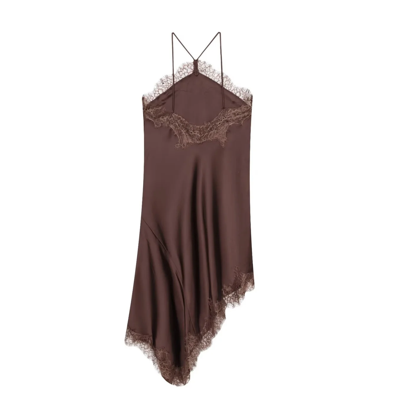 2025 Summer Lady Robes Black Lace Spliced Satin Sexy Short Sling Dress Women V-neck Sleeveless Backless Asymmetric Party Dresses