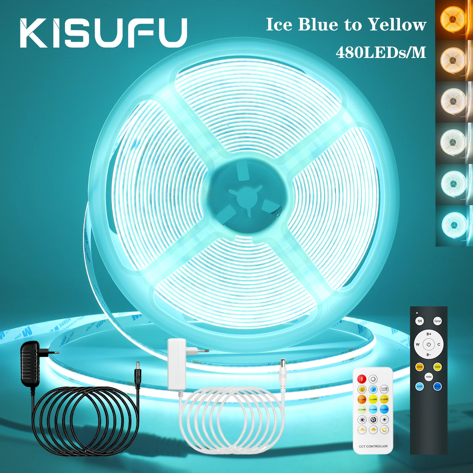 24V COB LED Strip Light EU/US Plug Kit Ice Blue to Yellow Dual-Color Dimmable  480LEDs/M Adhesive Ribbon Tape Kitchen Rome Decor