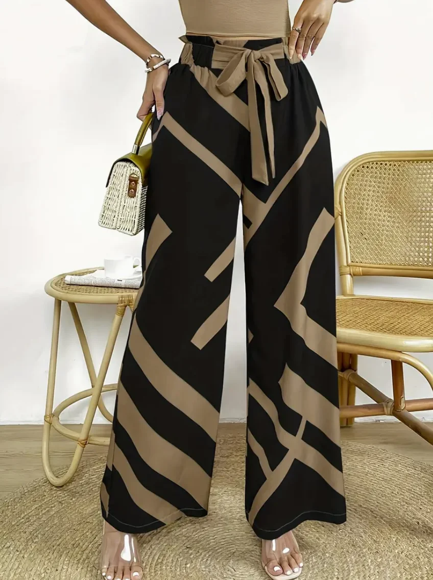 Geometric Pattern Print Wide Leg Pants Casual Loose Bow Front High Waist Pants For Every Day, Women's Clothing