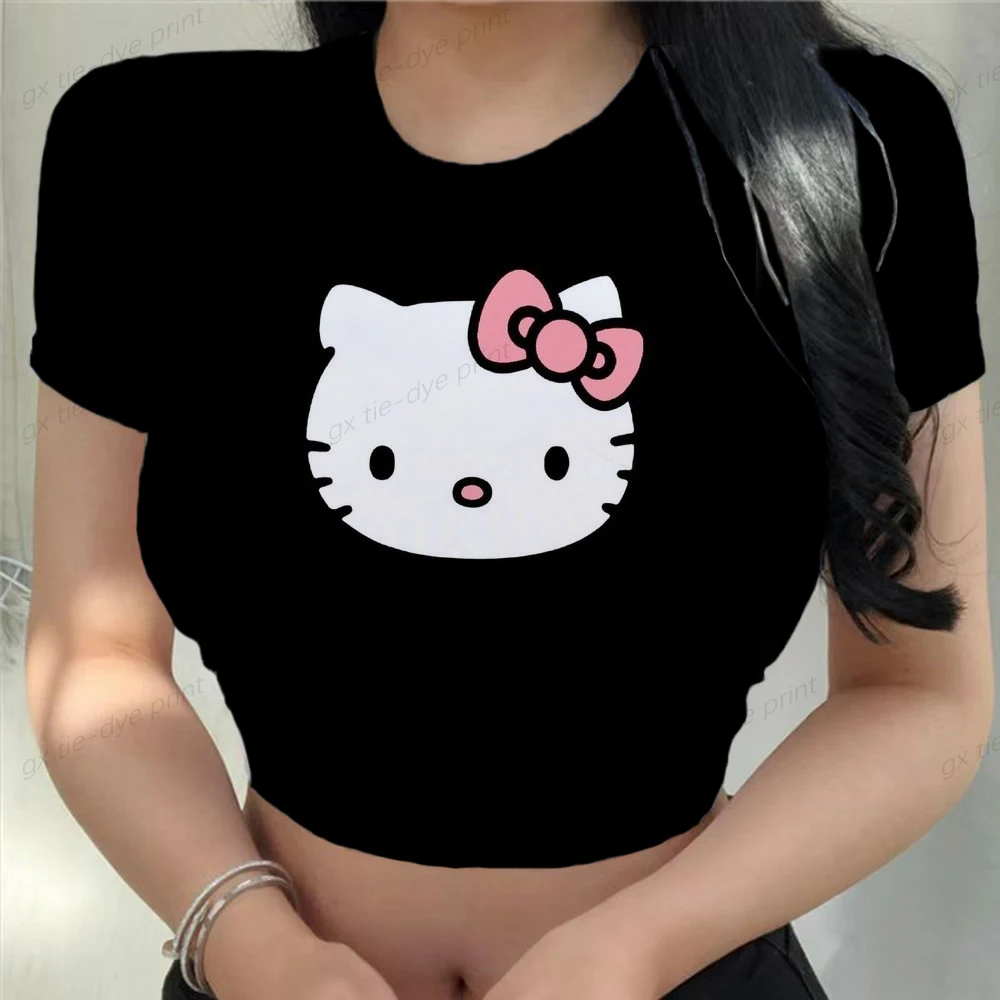 HELLO KITTY O-Neck Short Sleeve T-shirt Casual Tees Basic Cartoon printing T-shirt Summer Women Fashion Crop Sexy Y2K Top Shirt