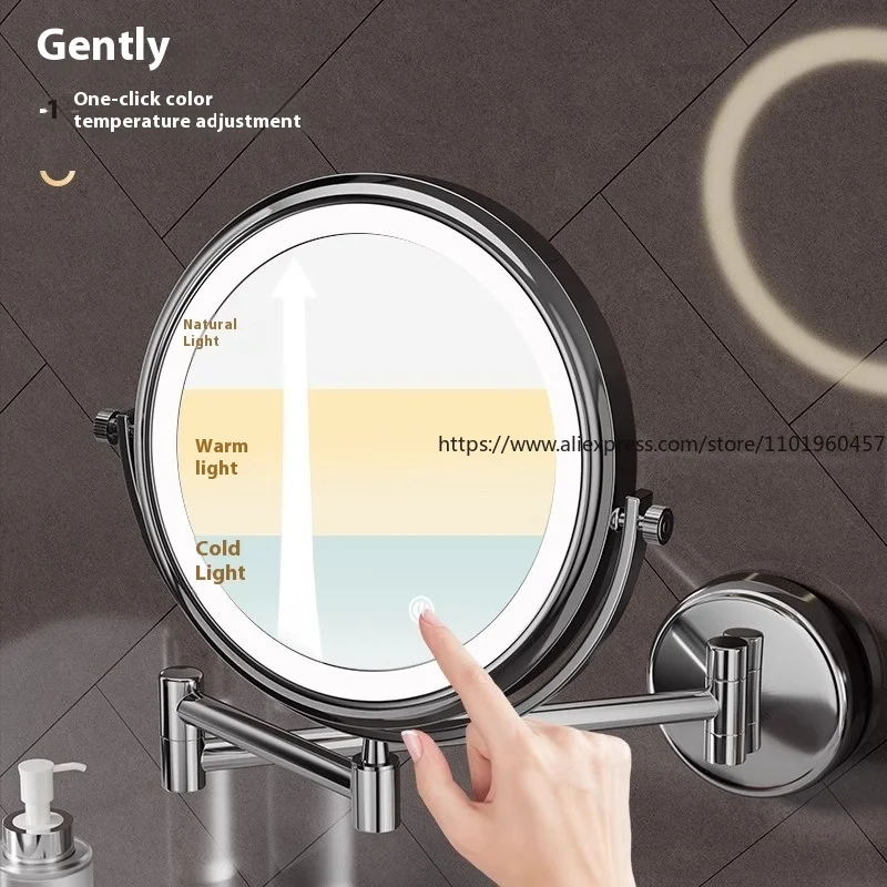 กระจกแต่งหน้าติดผนังแบบพับได้สำหรับห้องน้ำ โรงแรม ไม่ต้องเจาะผนัง กระจกสองด้านพร้อมไฟ LED ขยายภาพ กระจกแต่งหน้าสำหรับร้านเสริมสวย