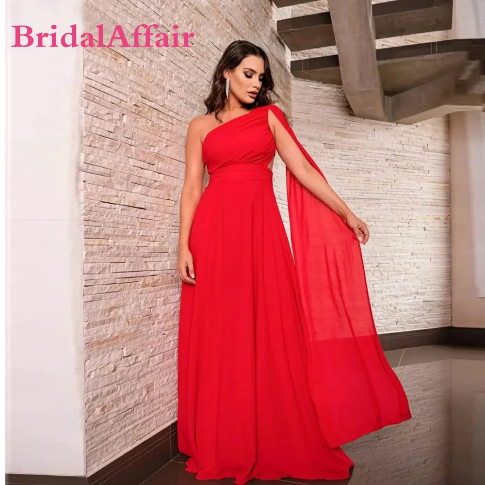 

BridalAffair Red Chiffon Simple Prom Dresses One Shoulder Cap Sleeves Beach Party Dress Women Bridesmaid Mother Formal Gowns