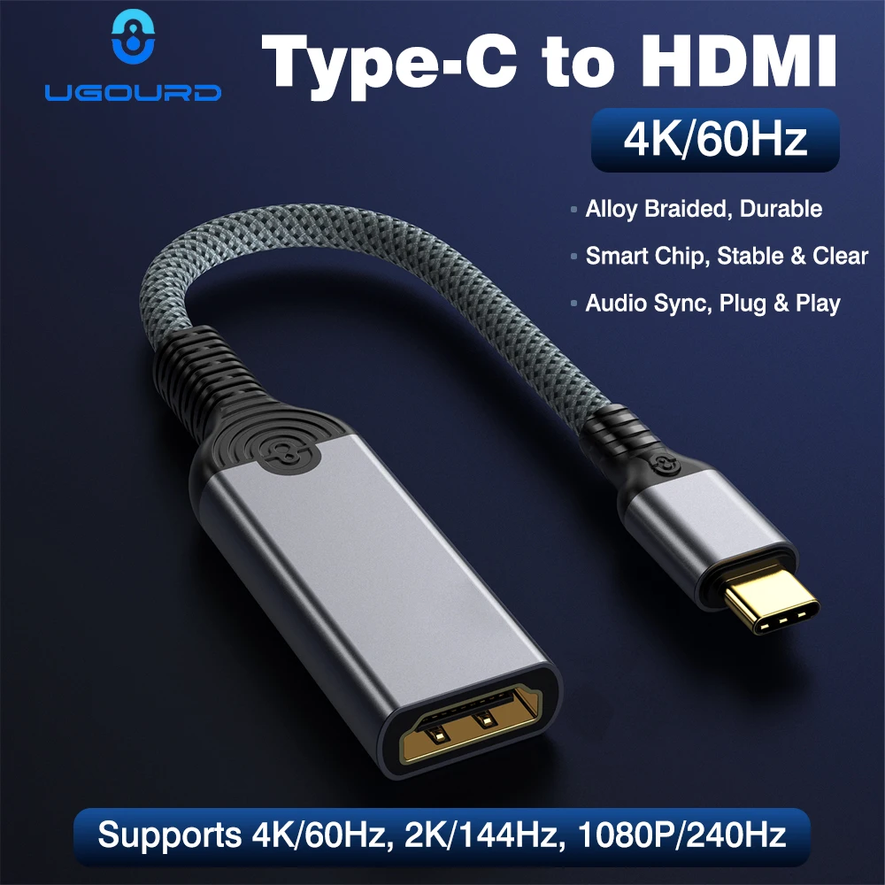 UGOURD 4K@60Hz USB-C to HDMI Cable Converter Type-C to HDMI Female Adapter Stainless Steel Gold-plated Plug Anode Aluminum Shell