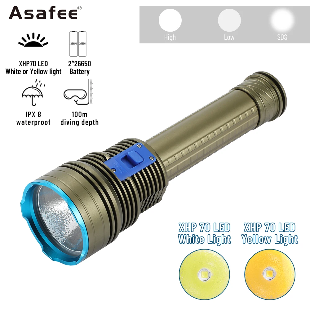 Asafee 100M Underwater XHP70 LED Diving Flashlight 5000LM Light IPX8 Highest Level Waterproof Lantern Scuba Lamp Torch
