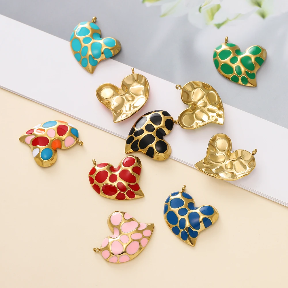 2Pcs/Lot Colourful Stainless Steel Heart Vintage Enamel Pendant for DIY Necklace Earring Bracelet Jewelry Making Supplies