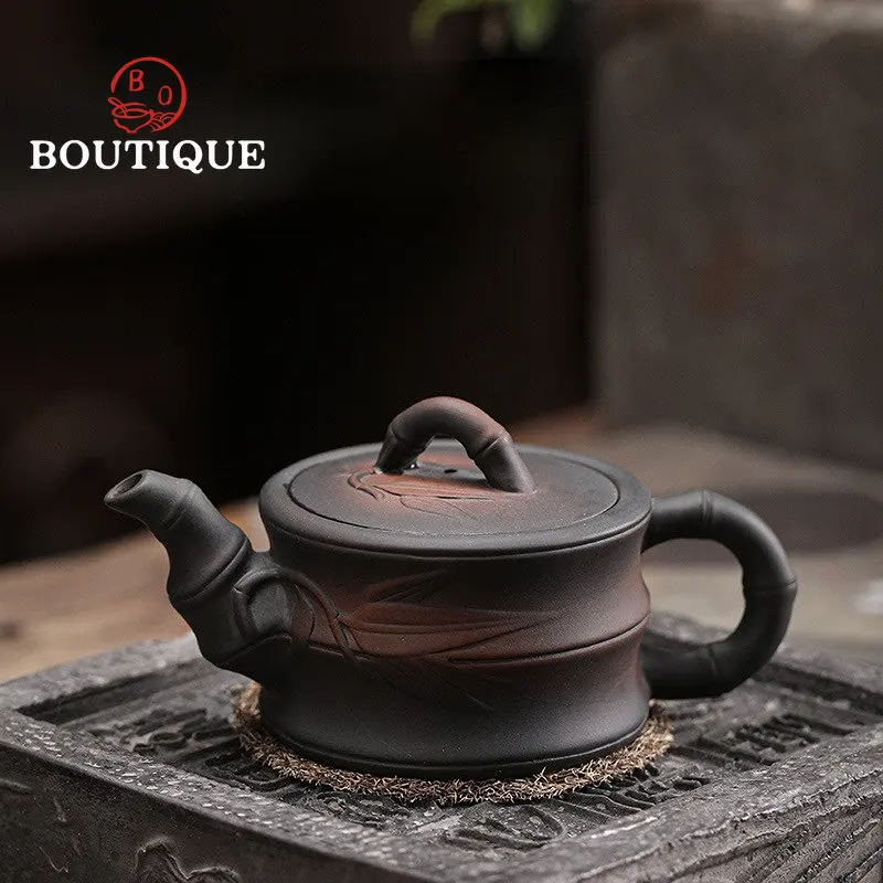 140ml Qingxi Purple Pottery Bamboo Pot Chinese Style Embossed Kung Fu Tea Set Purple Pottery Manual Frosted Single Pot Teapot