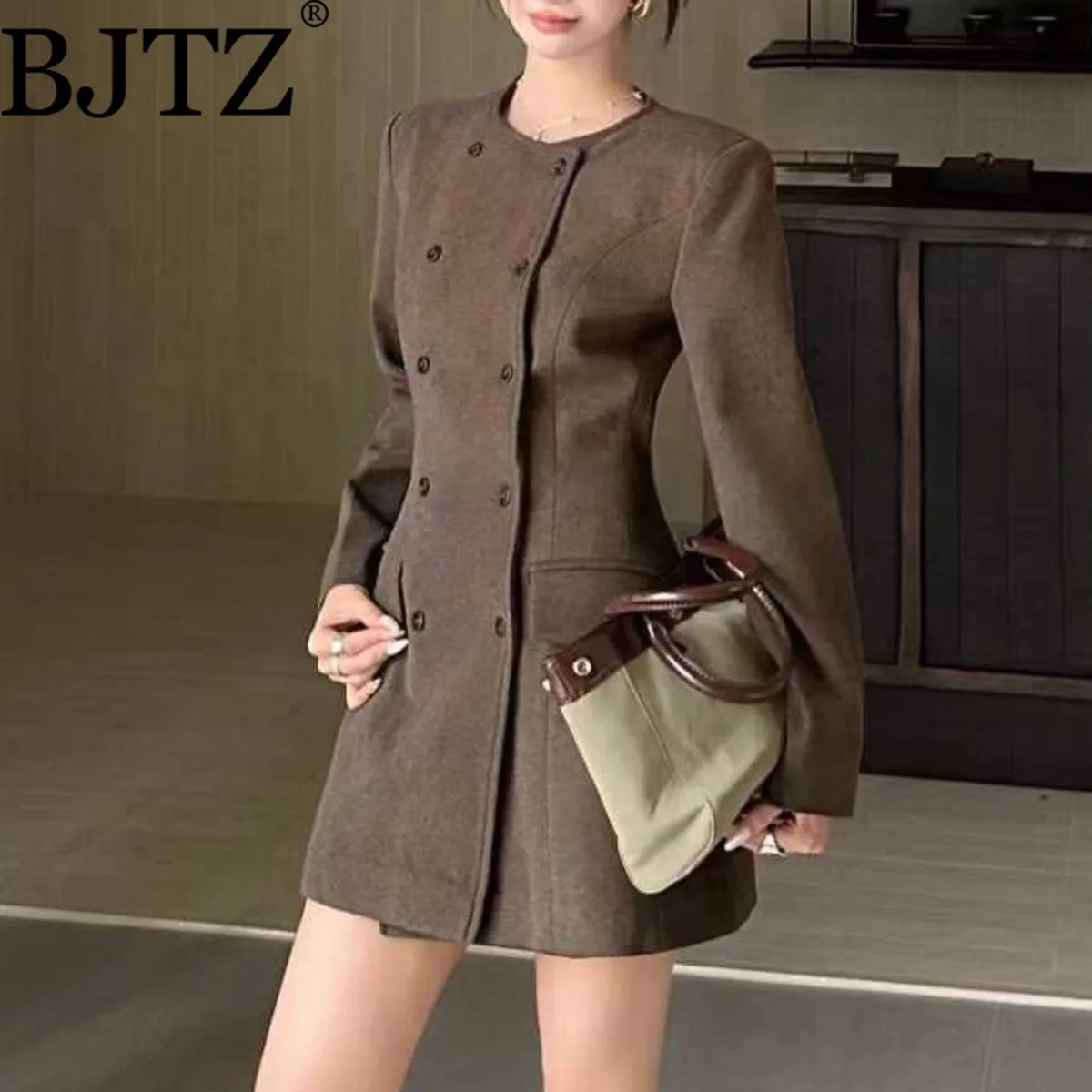 

BJTZ O-neck Double Breasted Woman's Jacket 2025 Autumn Winter New Solid Color Elegant Fashion A-line Versatile Suit Coat