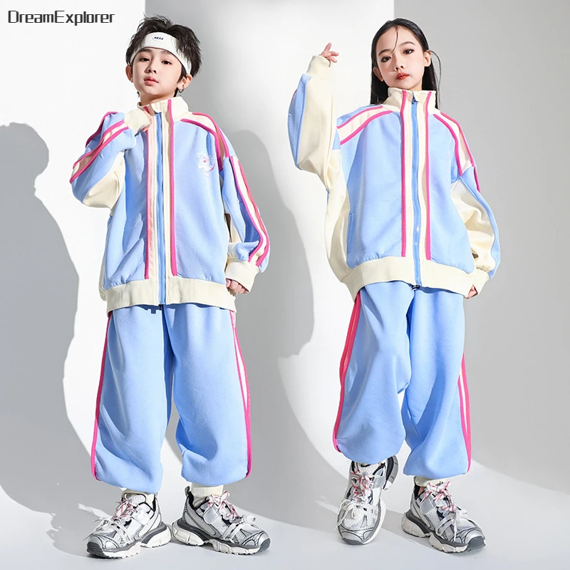 

Boys Hip Hop Contrast Coat Sport Pants Girls Street Dance Jacket Joggers Kids Jazz Clothes Sets Child Streetwear School Uniform