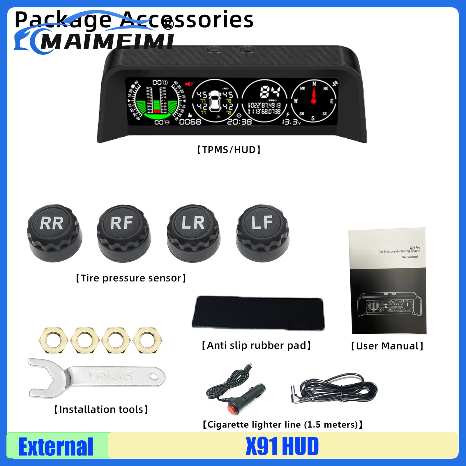 X91 HUD GPS TPMS Head Up Display Speed Slope Meter Inclinometer Car Slope Meter Accuracy Positioning System with External sensor