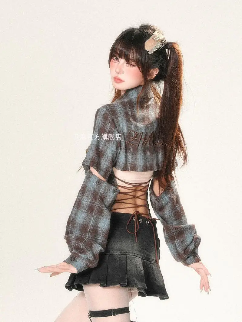 

French Retro Plaid Shirt For Women In Summer Long Sleeves Slimming Shoulders And Waist Top