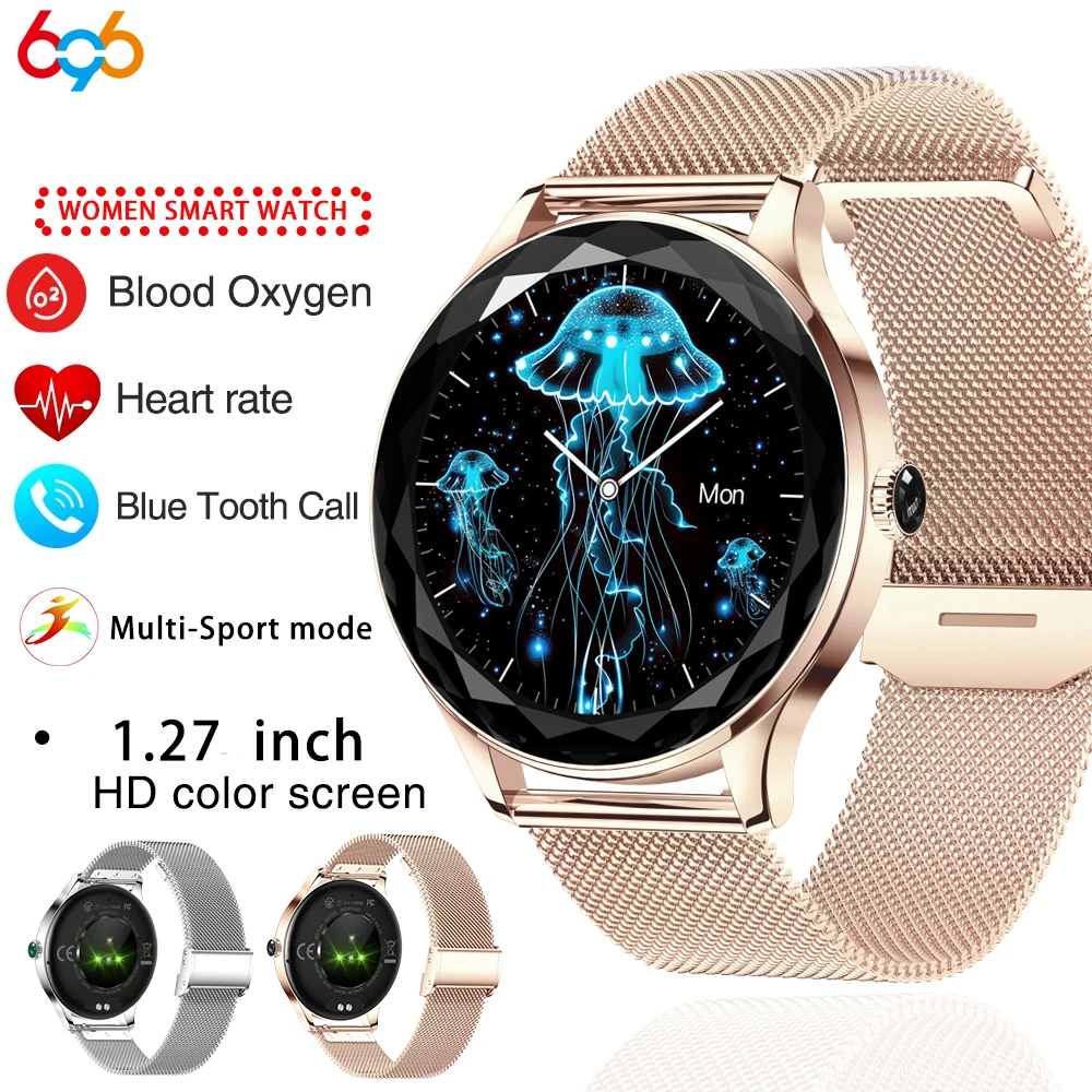 Reloj inteligente deportivo para mujer, accesorio de pulsera resistente al agua con llamadas de dientes azules, frecuencia cardíaca, oxígeno en sangre, música y salud, 1,27 pulgadas, regalo, 2024