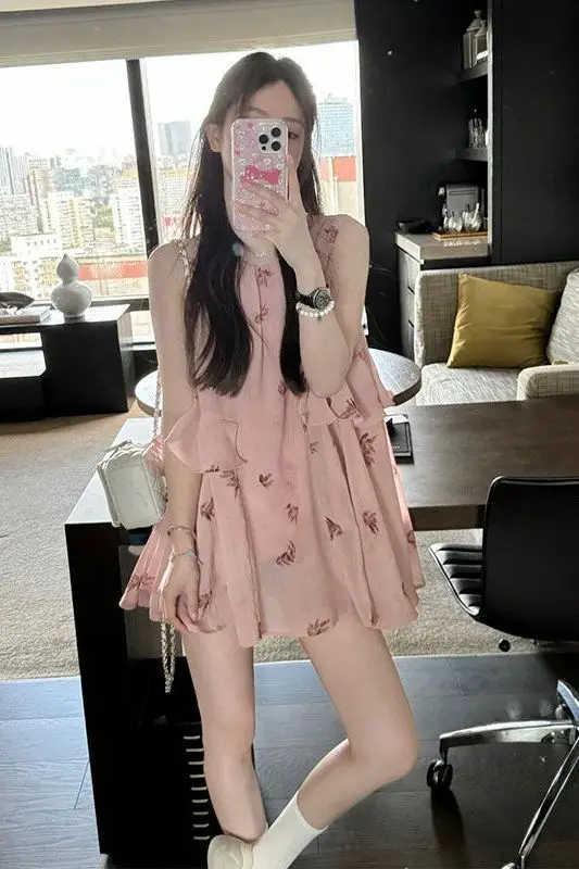 Vestido sin tirantes con estampado floral dulce y picante Vestido de verano femenino y elegante