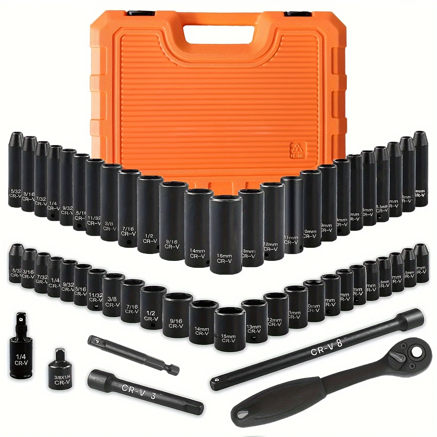 

1/4" Impact Socket Set, 56pcs SAE (5/32-9/16 Inch) And Metric (4-15Mm) Size, 6 Point, CR-V, High Torque Ratchet Handle, Extension Bar, Impact Universal Joint. Nice Gifts