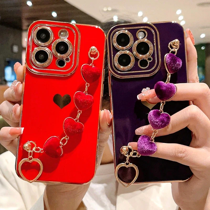 Luxury Soft Love Heart Bracelet Phone Case For iPhone 11 12 13 14 15 16 Pro Max XS X XR Max Plus lint Bumper Cover