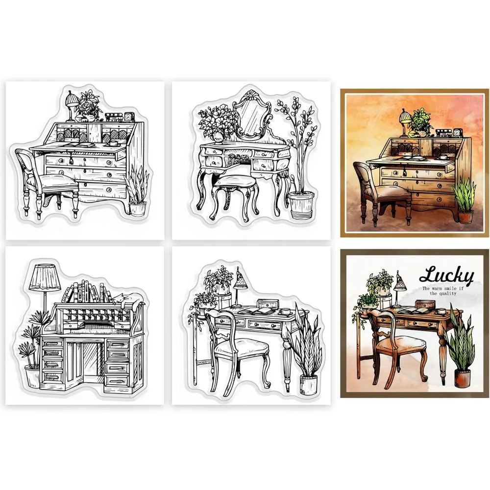 4Pcs Mini Retro Table Furniture Clear Stamps for DIY Scrapbooking Silicone Stamp Seals Transparent Stamps for Cards Making Photo