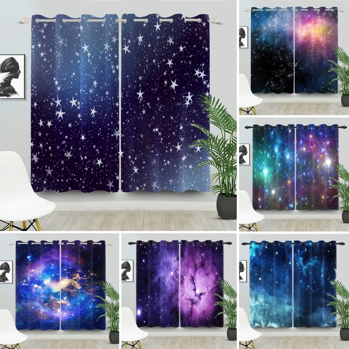 2pcs/set Blackout Curtains Dreamy Universe Starry Sky Theme  Children Bedroom Living Room Bar Decor Polyester Fabric Curtains