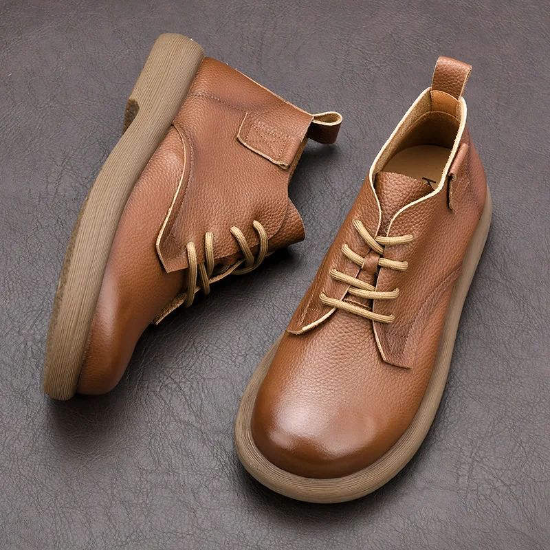 LIHUAMAO Botas de trabajo de cuero de vaca, botas de motocicleta, botas occidentales, zapatos informales para hombre, calzado para exteriores, botas de senderismo con suela gruesa
