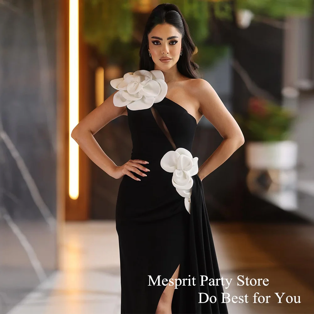 Saudi Evening Dress One Shoulder Sleeveless Ivory Flowers High Slit Mermaid Prom Gown Simple Dubai Party Dresses فساتين سهرة