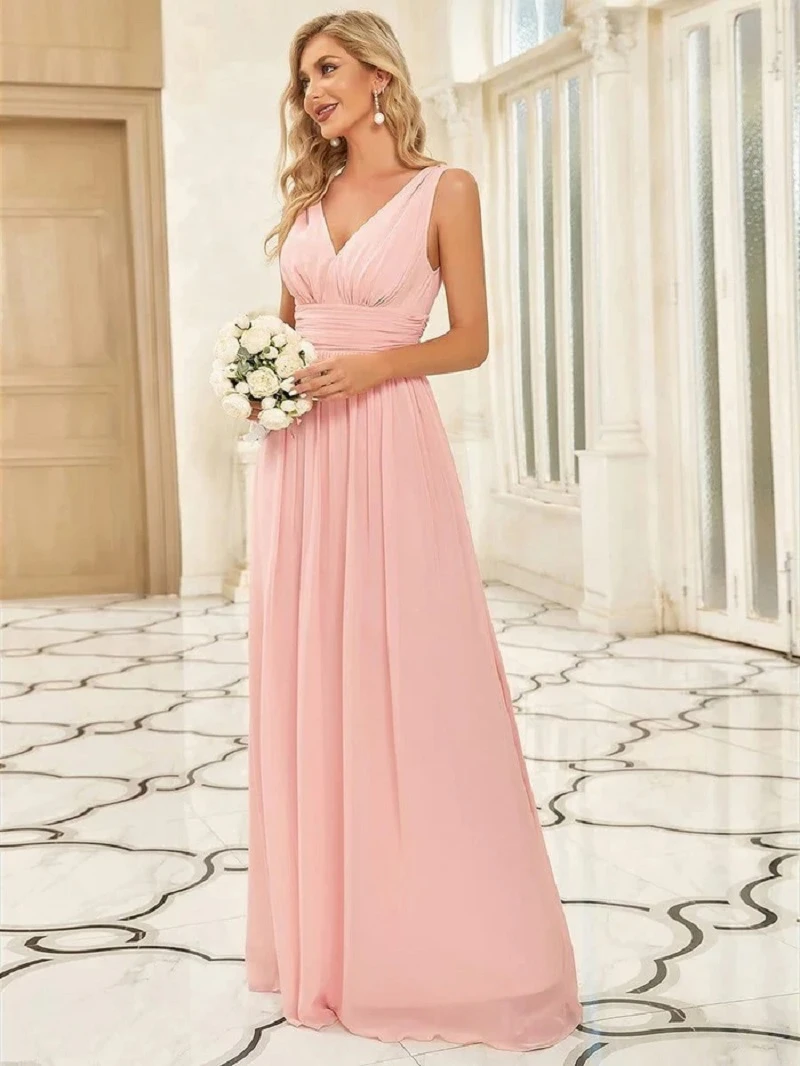 

Summer Sleeveless Evening Dress Pleated Straps V-Neck Sexy Backless Empire Prom Dresses Chiffon A-Line Elegant Formal Party Gown
