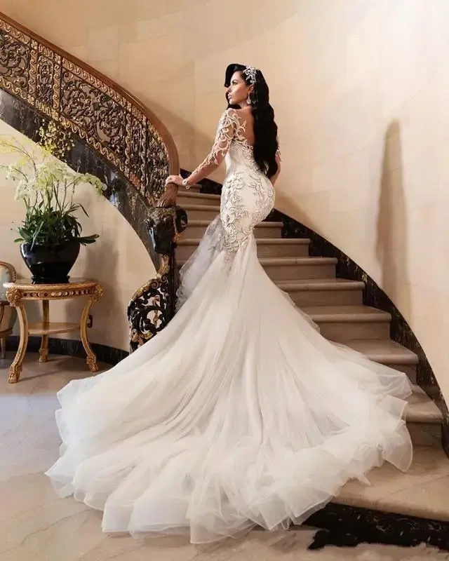 تخصيص الأفريقي دبي حورية البحر الدانتيل فساتين الزفاف الوهم طويلة الأكمام Vestido De Noiva الدانتيل يزين سليم زي العرائس Pl