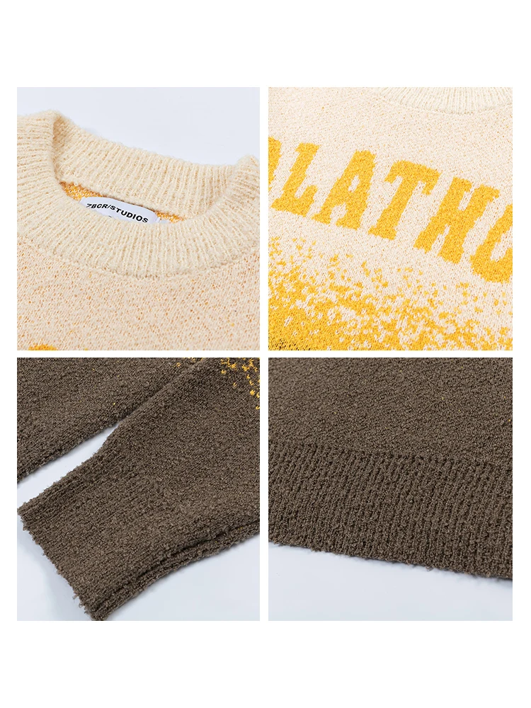 Sweater rajut Vintage pria, Sweater rajut Vintage Harajuku musim dingin benang Loop bertahap populer pullover kasual Vintage longgar Streetwear musim gugur