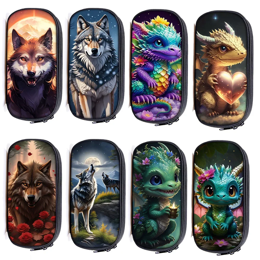 Moon and Howling Wolf Print Pencil Case Cartoon Dragon Baby Women Cosmetic Bags Teenager Pencil Box School Cases Supplies Gift