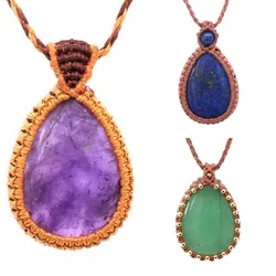 Crystal Braided Stone Pendant Necklace for Women Natural Amethyst Quartz Lapis Lazuli Handmade Thread Rope Wrapped Macrame Chain