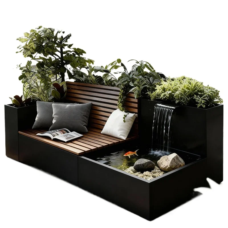 Aluminum alloy balcony water feature flower box,seat and stool combination planting box,outdoor flowing water landscape wall