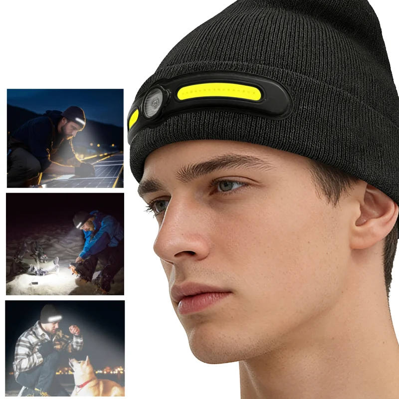 Winter Cycling Hat Featuring Type-C Rechargeable XPE Headlamp Night Light Knitted Helmet Warning Light for Outdoor Sports
