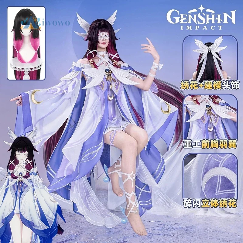 

Genshin Impact Columbina Cosplay Costume Wig Cloak Dress Headwear Socks Neckwear Fatui Moon Maiden Halloween For Women Girls Men