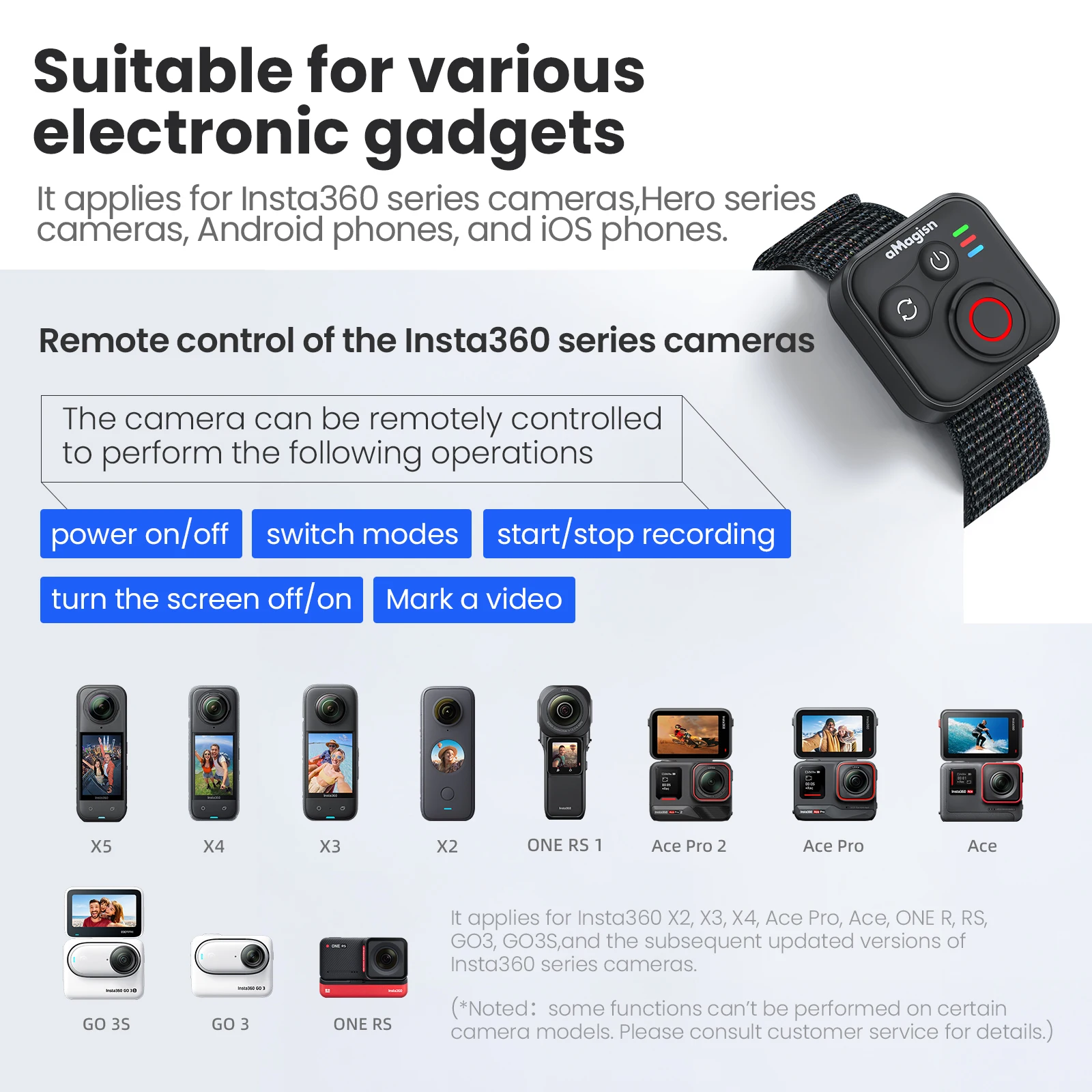 aMagisn 50M Bluetooth Remote Control for Insta360 X5 / X4 Air / Ace Pro 2 Gopro Hero 13 12 Camera iOS Android Shutter Controller