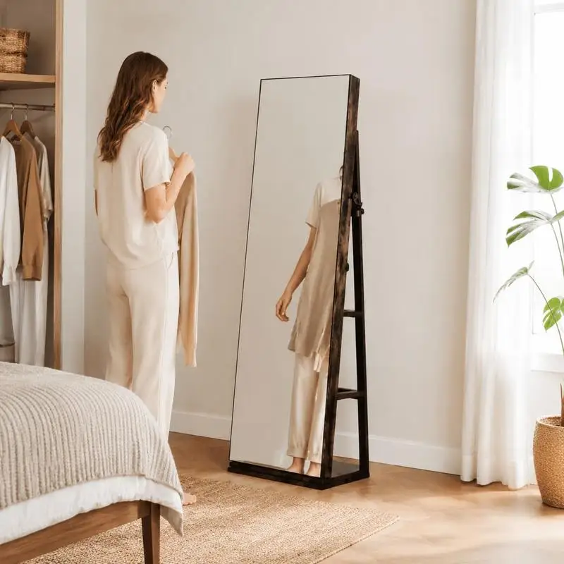 Armoire à bijoux rotative à 360 degrés avec miroir pleine longueur, armoire de rangement sur pied marron vintage, étagères multicouches verrouillables, intérieur doublé de velours pour chambre et présentation en magasin