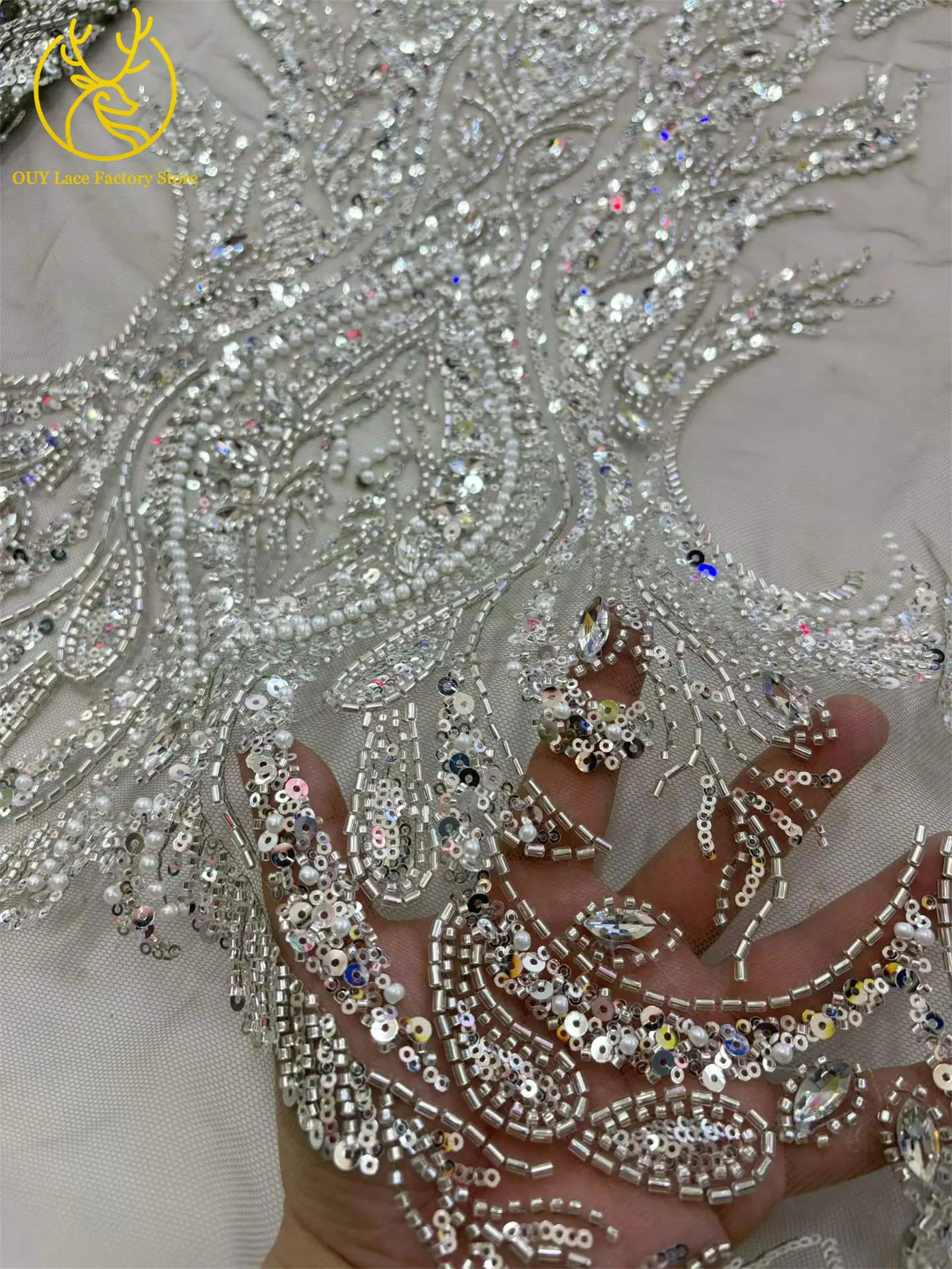 Luxuriöser Brautkleid-Spitzenstoff mit Perlen und Strass 2026 – Deluxe Afrikanische Nigerianische Pailletten-Stein-Mesh-Spitze für Damen-Partykleider zum Nähen – Detail 6