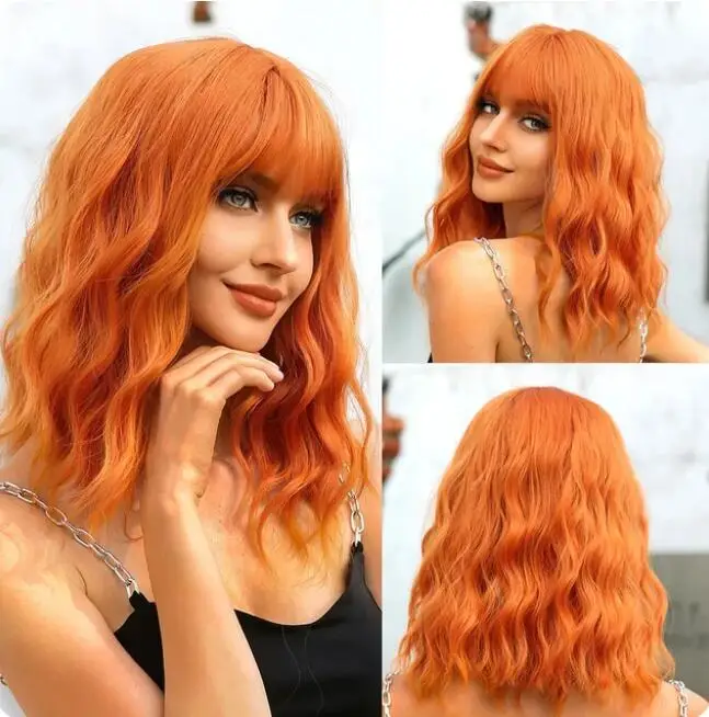 Synthetic Orange Cosplay Wig with Bangs for Women Shoulder Long Curly Copper Ginger Wigs Natural Heat Resistant Halloween Hair