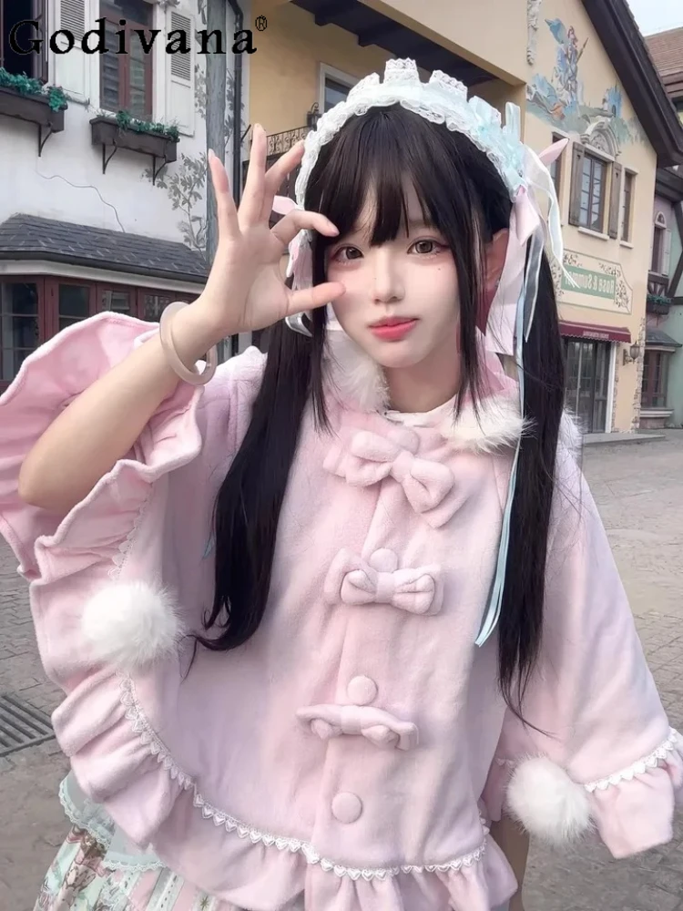 

Sweet Fashion Lolita Versatile One Size Fits All Loose Daily Cape Cute Girl Ruffles Solid Color Bow Playful Hooded Capes