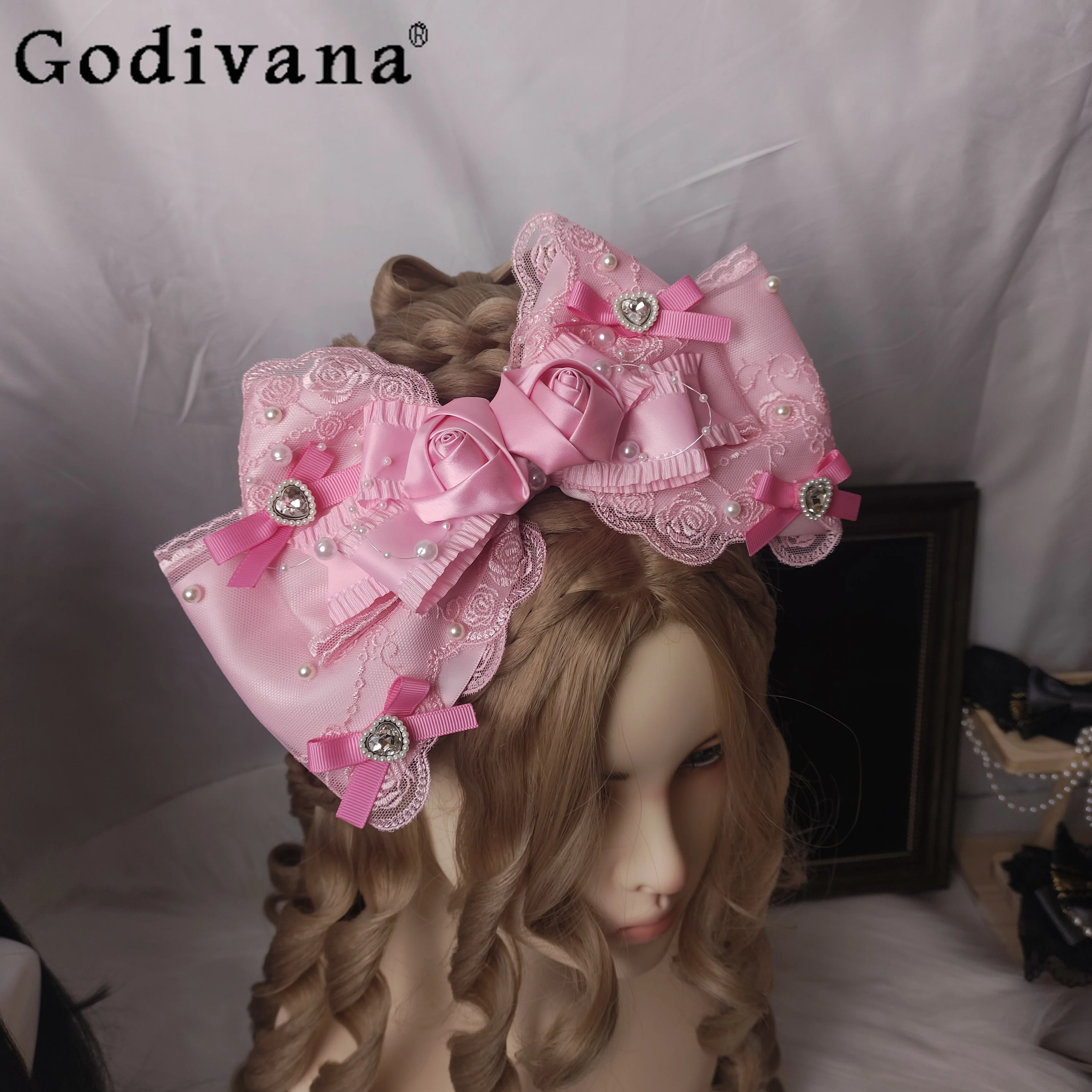 

Original Japanese Handmade Sweet Lolita Style Pink KC Cute Girls Lace Bow Lo Hairpin Woman's Y2k Hair Accessories